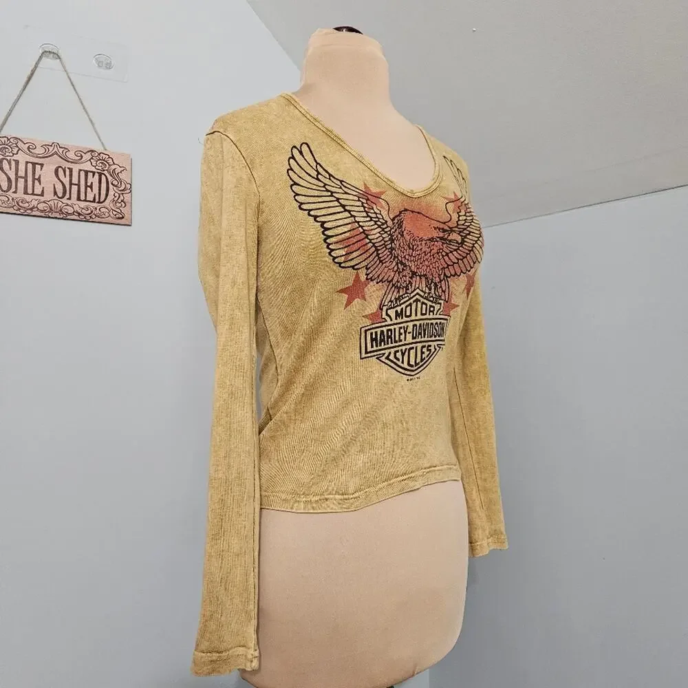 Harley-Davidson Long Sleeve V Neck Top Medium Eagle‎ Graphic Bikercore Acid Wash